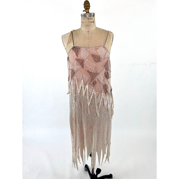Vtg 80s Sequin Beaded Flapper 20s Art Deco Fringe Glam Gatsby Gown Dress Sz M - Picture 2 of 10